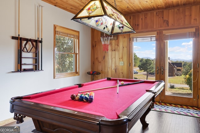 recreation room featuring french doors, wood walls, wood finished floors, and wood ceiling