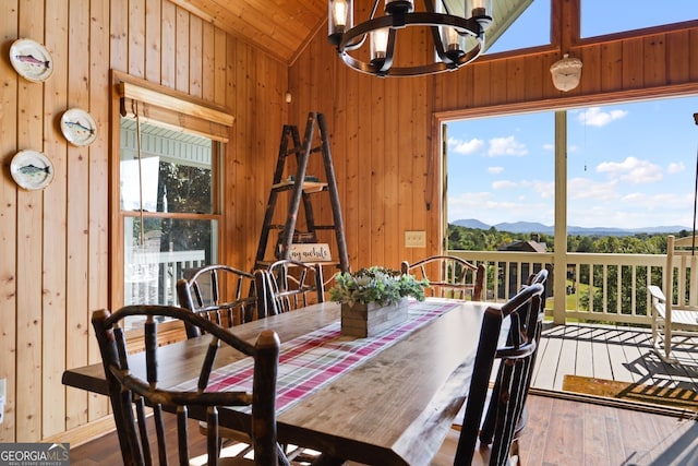 dining space with wooden walls and a mountain view