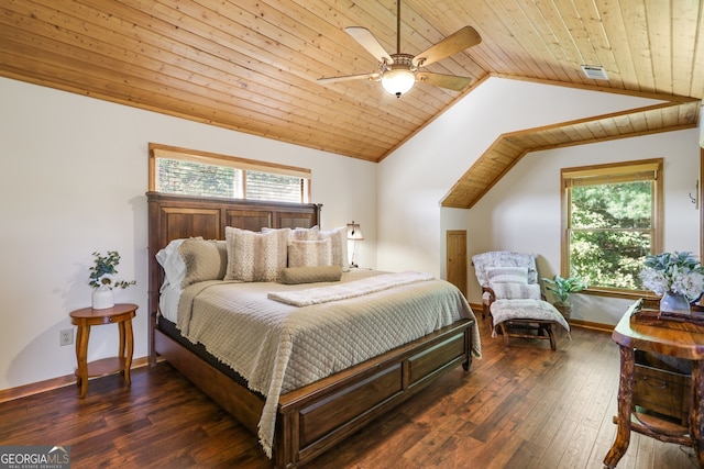 bedroom with dark wood-style floors, multiple windows, wooden ceiling, and lofted ceiling