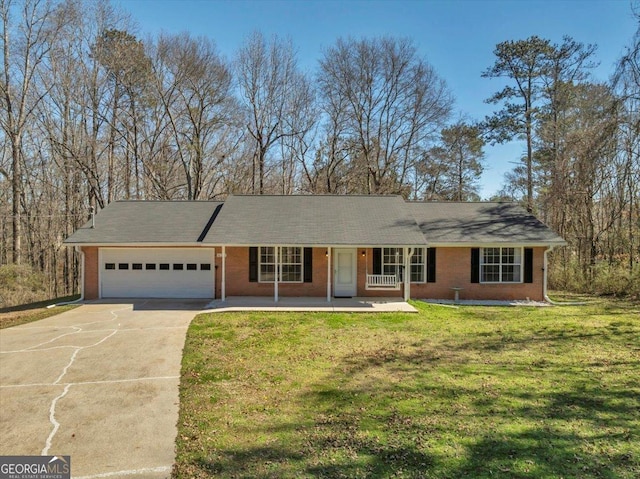 ranch-style house featuring a garage, driveway, a porch, and brick siding