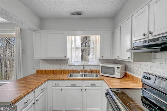 kitchen featuring white microwave, under cabinet range hood, electric range, a sink, and visible vents