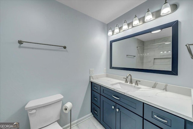 full bath featuring baseboards, a shower, toilet, marble finish floor, and vanity