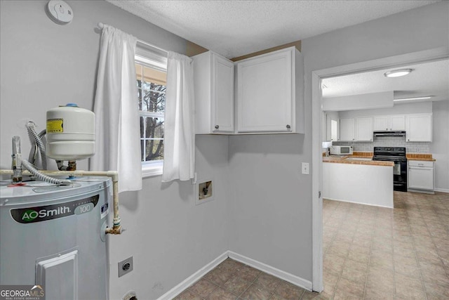 kitchen featuring tasteful backsplash, black electric range oven, water heater, white cabinets, and wood counters