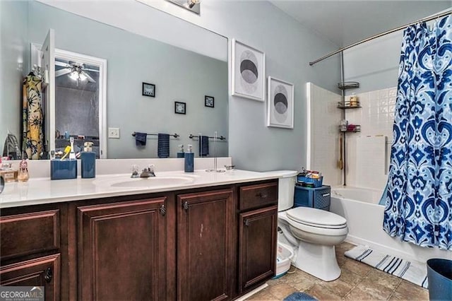 full bathroom with toilet, tile patterned floors, vanity, and shower / tub combo with curtain