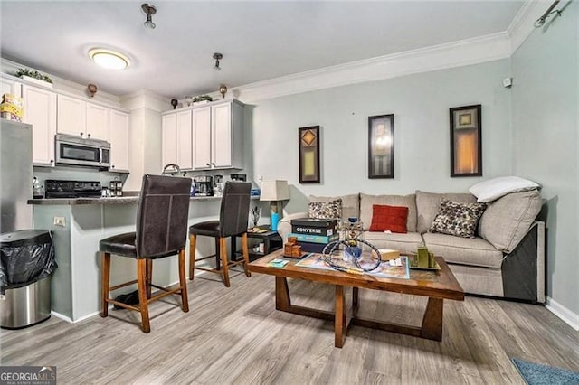 living area featuring light wood-style floors, baseboards, and ornamental molding