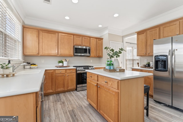 702 Berkeley Ter, Canton, GA 30115 - kitchen featuring appliances with stainless steel finishes, a sink, healthy amount of natural light, light wood-style flooring, and crown molding