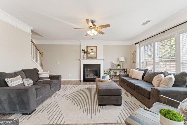 702 Berkeley Ter, Canton, GA 30115 - living area featuring wood finished floors, a ceiling fan, ornamental molding, a fireplace, and baseboards