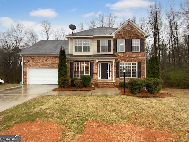 view of front of house with an attached garage, a front lawn, concrete driveway, and brick siding