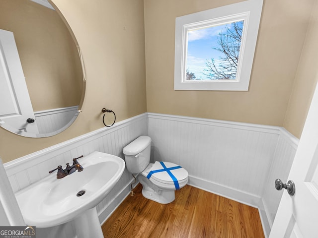 bathroom featuring a wainscoted wall, a sink, wood finished floors, and toilet