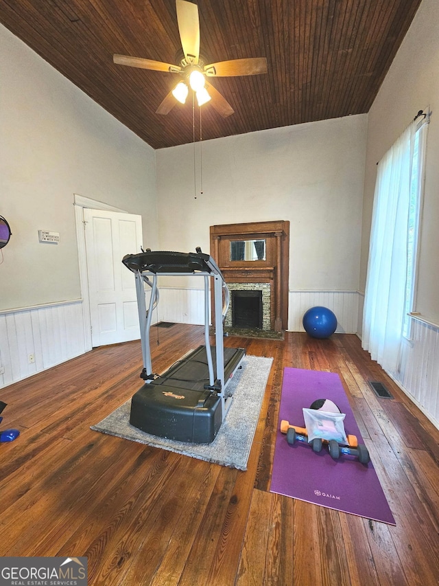 workout room with a wainscoted wall, wood ceiling, a fireplace, and dark wood-type flooring