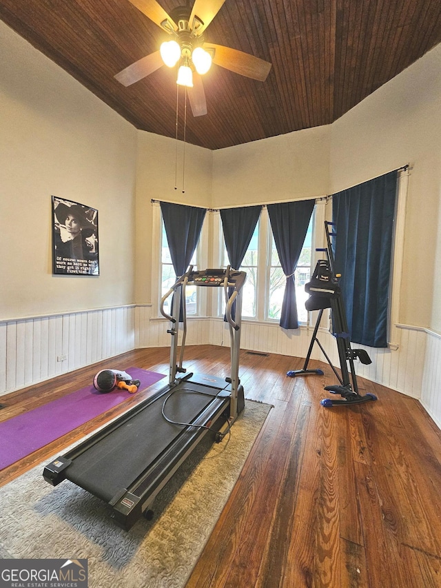 exercise area featuring dark wood-style floors, wood ceiling, and wainscoting