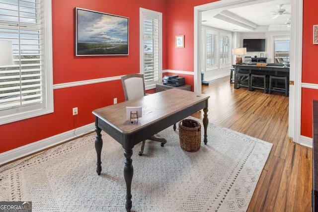 office featuring baseboards, a raised ceiling, wood finished floors, and a ceiling fan