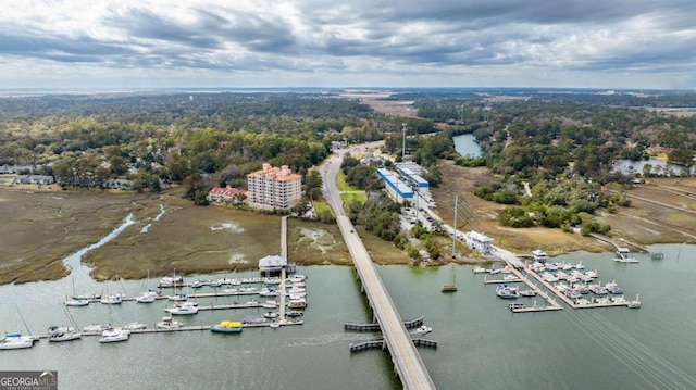 bird's eye view with a water view