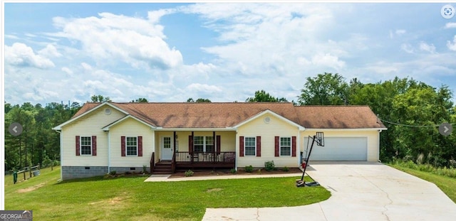 single story home featuring a garage, driveway, a porch, a front yard, and crawl space