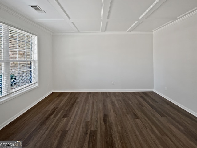 spare room featuring coffered ceiling, dark wood finished floors, visible vents, and baseboards