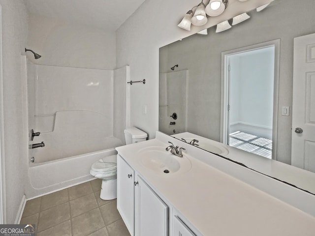 full bath featuring  shower combination, tile patterned flooring, vanity, and toilet