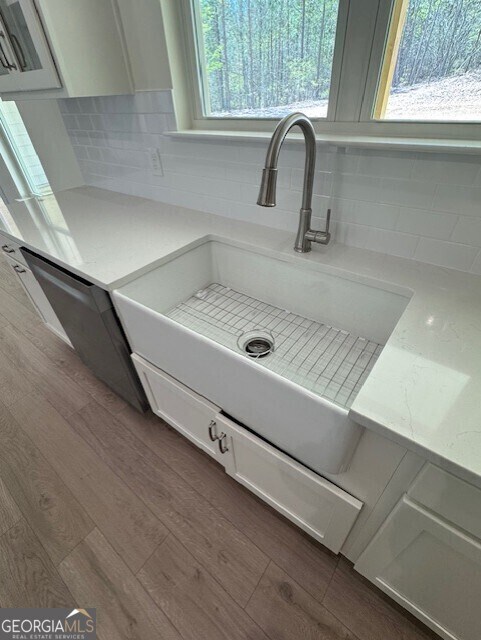 details featuring dark wood-type flooring, a sink, and backsplash