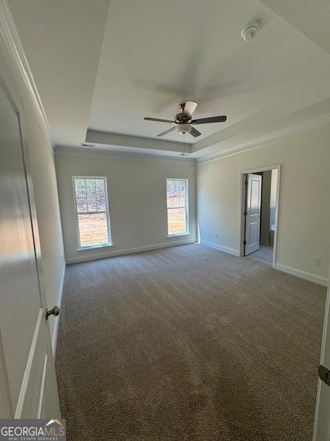 unfurnished room featuring crown molding, a ceiling fan, a wealth of natural light, a tray ceiling, and carpet