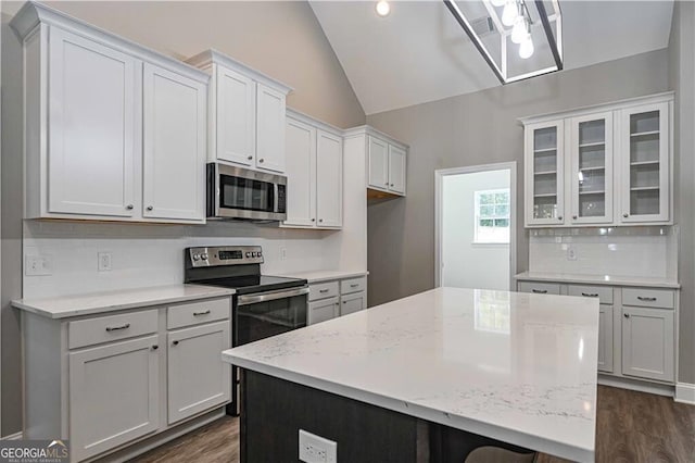 kitchen featuring decorative backsplash, lofted ceiling, glass insert cabinets, dark wood-style flooring, and stainless steel appliances