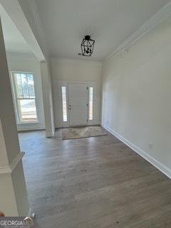 entrance foyer featuring ornamental molding, baseboards, plenty of natural light, and wood finished floors