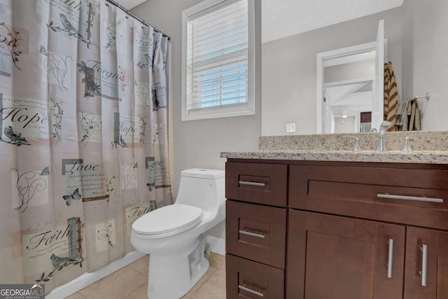 full bathroom with toilet, vanity, a shower with shower curtain, and tile patterned floors