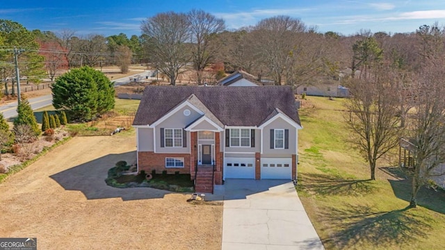 view of front of home featuring driveway, an attached garage, roof with shingles, and brick siding