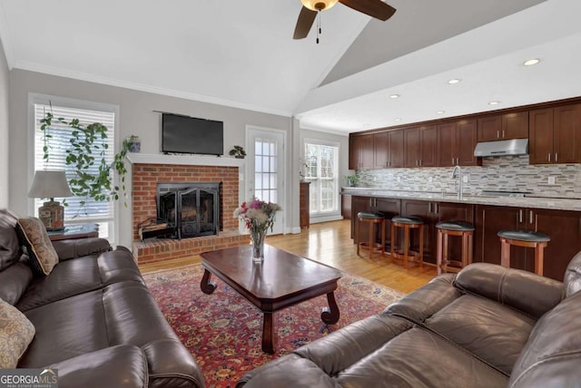 living area with crown molding, vaulted ceiling, a fireplace, and a healthy amount of sunlight