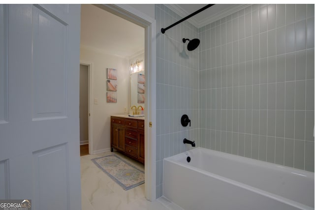 full bathroom featuring ornamental molding, tub / shower combination, and vanity