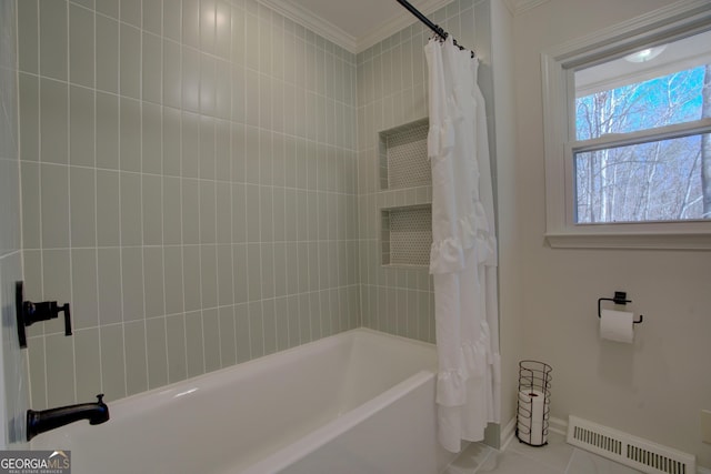 bathroom featuring tile patterned floors, shower / bathtub combination with curtain, visible vents, and ornamental molding