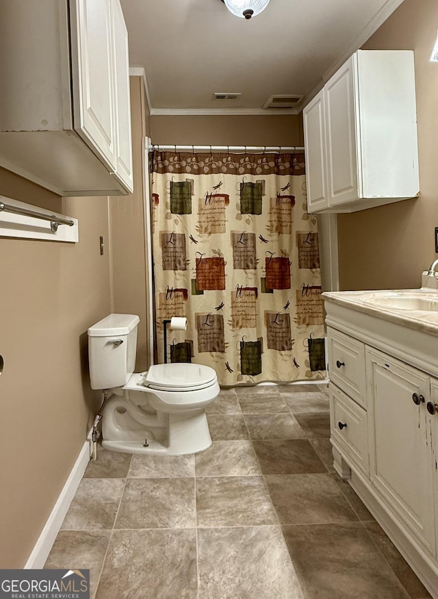 312 Schuman Dr, Bloomingdale, GA 31302 - bathroom featuring toilet, ornamental molding, a shower with shower curtain, vanity, and baseboards