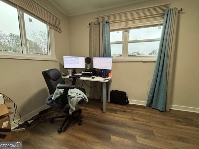 office area featuring dark wood-style flooring, a wealth of natural light, and baseboards