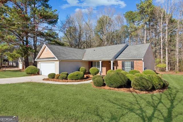 ranch-style house with a garage, driveway, a front lawn, and brick siding