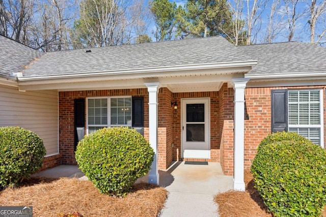 view of exterior entry featuring a shingled roof and brick siding