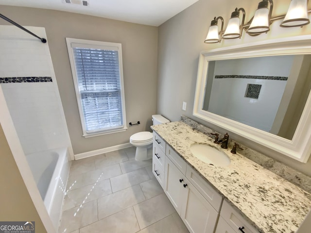 full bathroom featuring toilet, visible vents, baseboards, vanity, and tile patterned floors