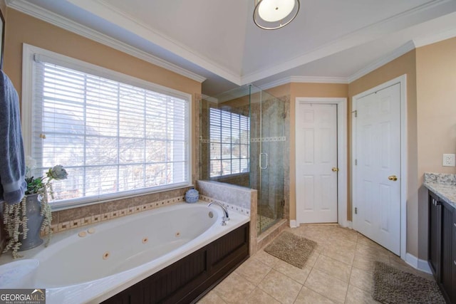 full bath featuring a stall shower, ornamental molding, tile patterned floors, a whirlpool tub, and vanity