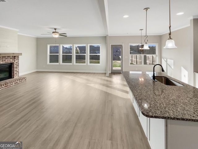 kitchen with a brick fireplace, light wood-style flooring, ornamental molding, and a sink