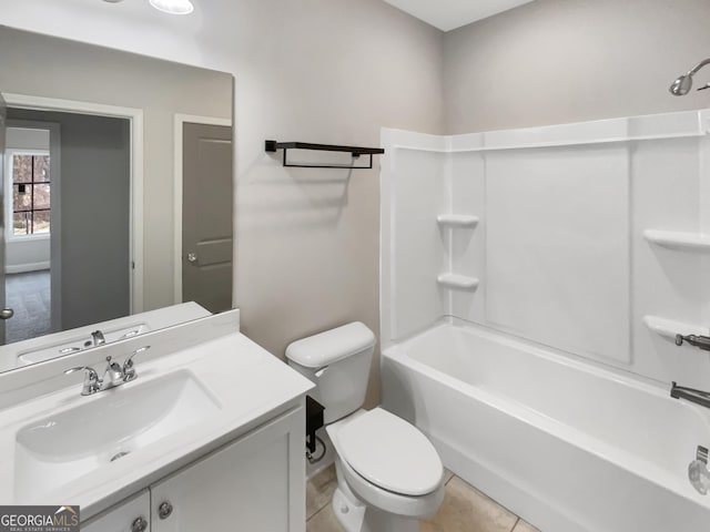 full bathroom with shower / bath combination, tile patterned flooring, vanity, and toilet