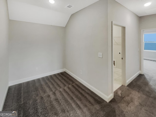 bonus room with carpet floors, lofted ceiling, recessed lighting, visible vents, and baseboards