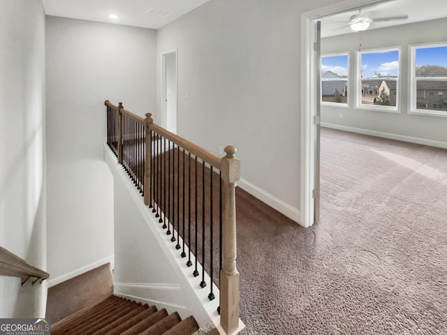 stairs featuring recessed lighting, carpet, visible vents, and baseboards