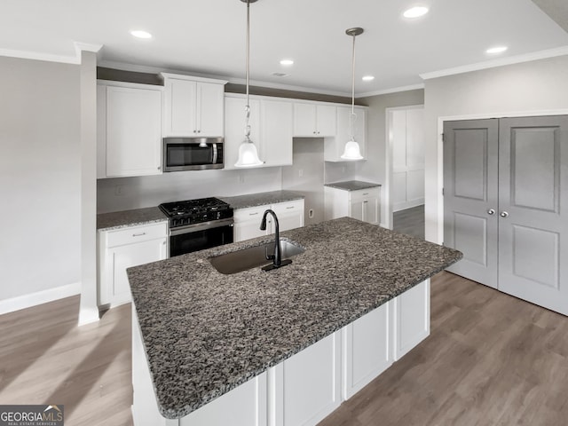 kitchen with wood finished floors, appliances with stainless steel finishes, a sink, and ornamental molding