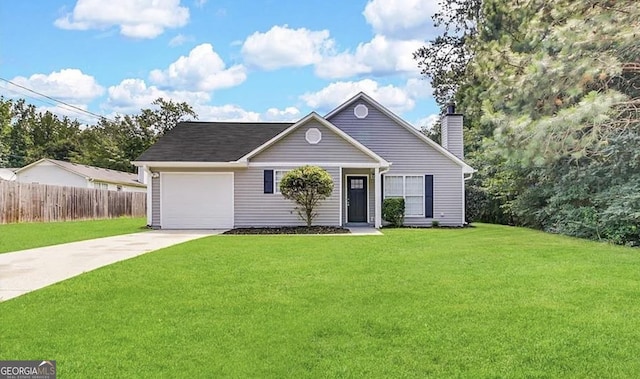 ranch-style home featuring a garage, fence, driveway, a chimney, and a front yard