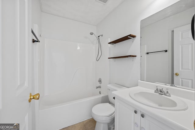 bathroom with toilet, tile patterned flooring, bathtub / shower combination, a textured ceiling, and vanity