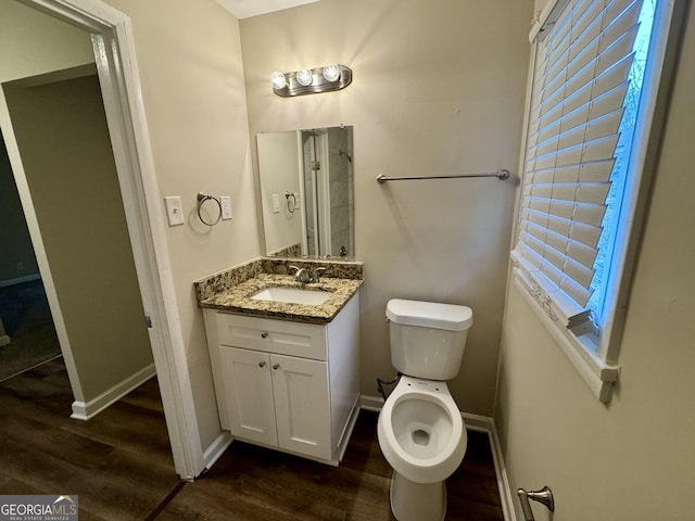 bathroom featuring baseboards, vanity, toilet, and wood finished floors