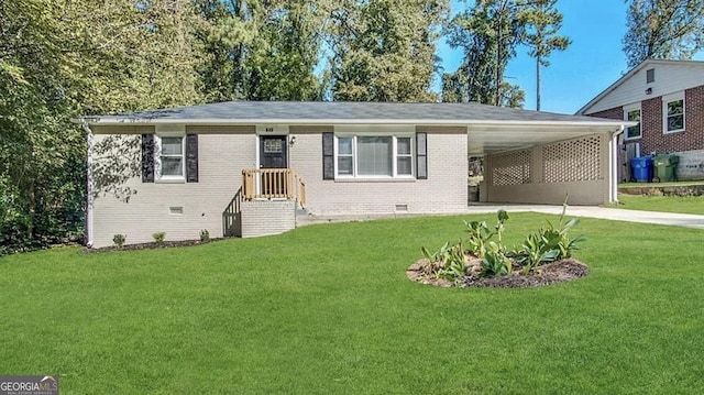 view of front of home with a carport, crawl space, brick siding, and concrete driveway