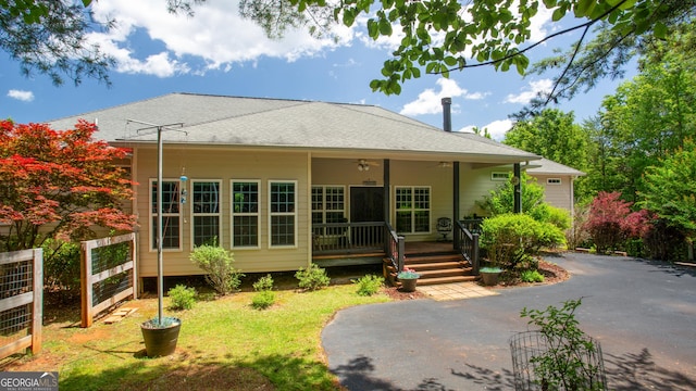 2656 Panorama Dr, Sautee Nacoochee, GA 30571 - rear view of property featuring ceiling fan, driveway, a lawn, and covered porch
