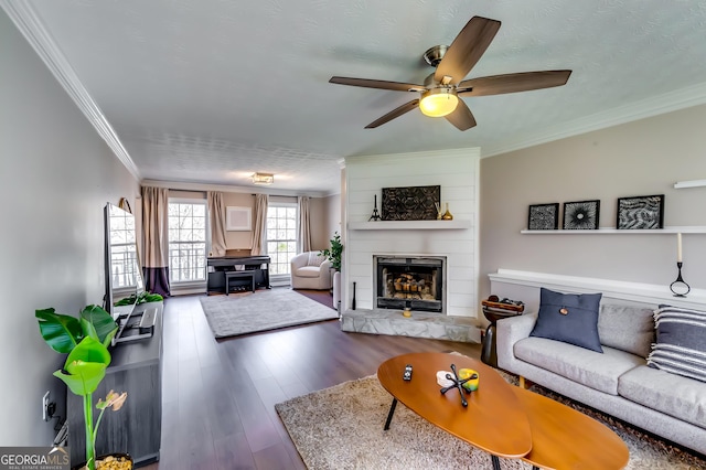 living area featuring crown molding, a fireplace, ceiling fan, and wood finished floors