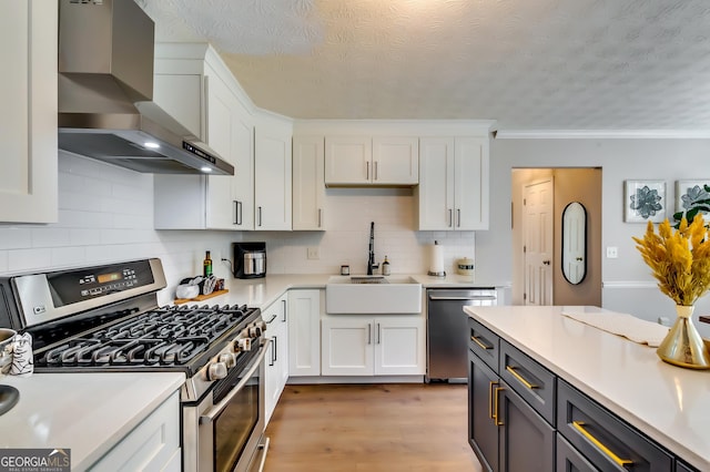 kitchen with stainless steel appliances, wall chimney range hood, light countertops, and white cabinetry