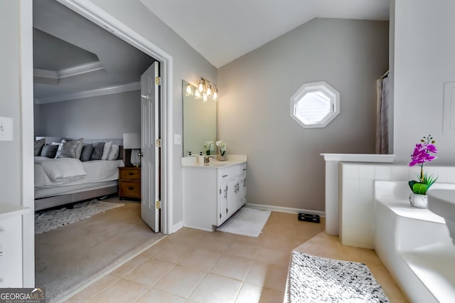 bathroom featuring lofted ceiling, ensuite bathroom, tile patterned flooring, vanity, and crown molding