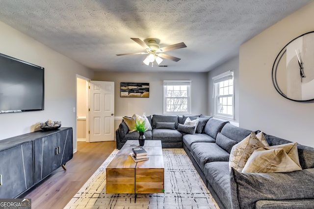 living room featuring ceiling fan, a textured ceiling, and wood finished floors