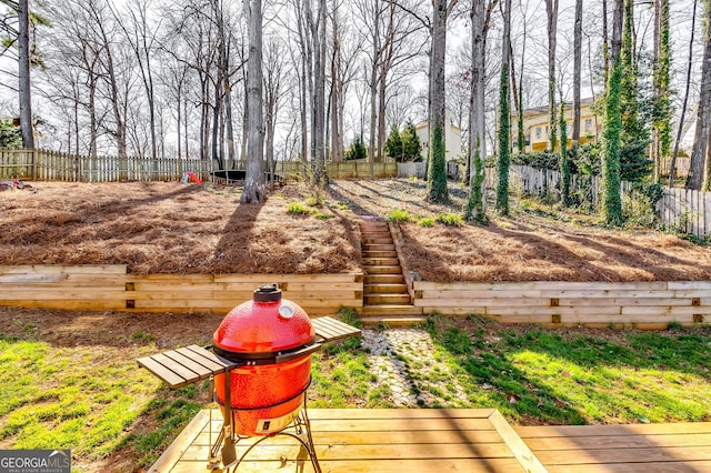 wooden deck with a fenced backyard